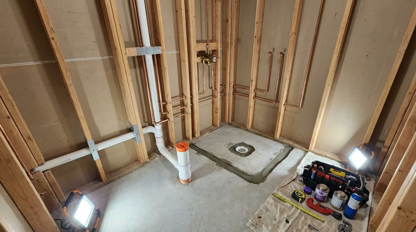 Bathroom rough-in plumbing during remodel by Johns Plumbing LLC in Bondurant