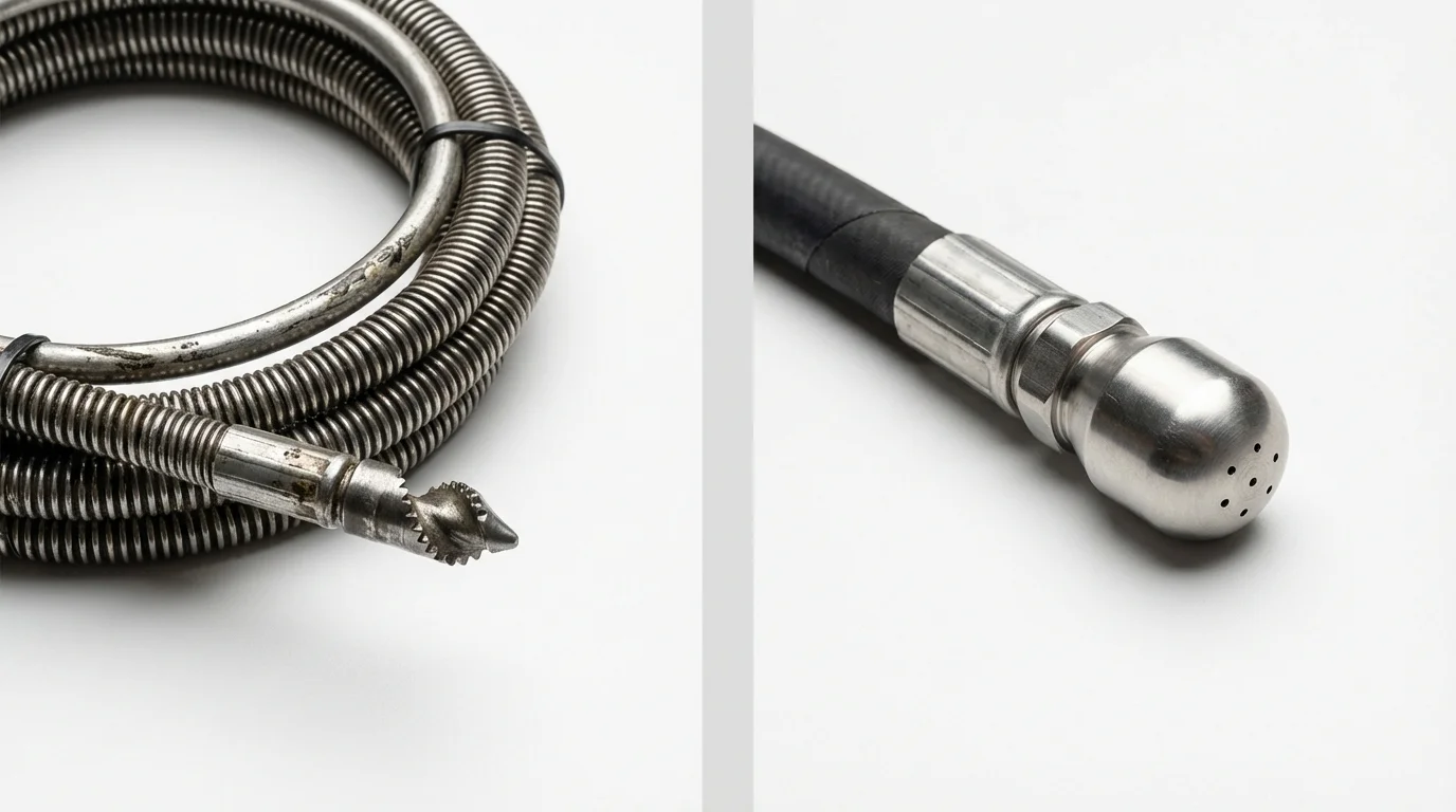 Drain snake cable and hydro jetting nozzle used for drain cleaning in Bondurant, IA