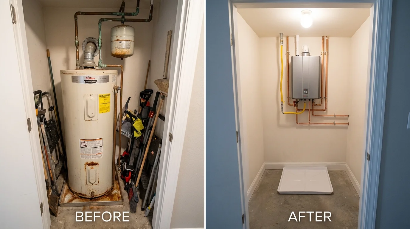 Tank water heater versus wall-mounted tankless unit comparison for Bondurant, IA homeowners