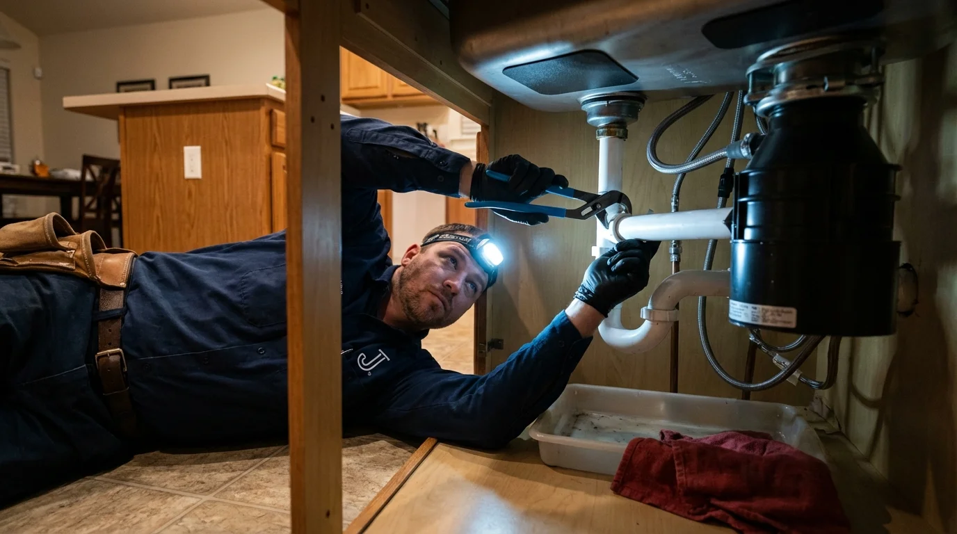 P-trap and supply line connections under a kitchen sink showing a common leak point in Bondurant, IA